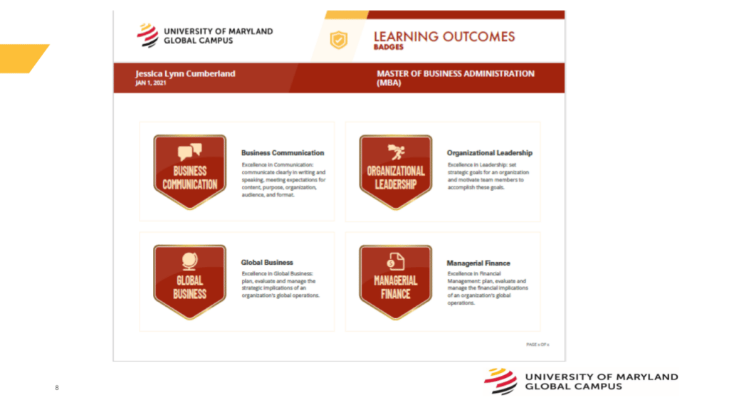 University of Maryland Global Campus learning outcome badges.